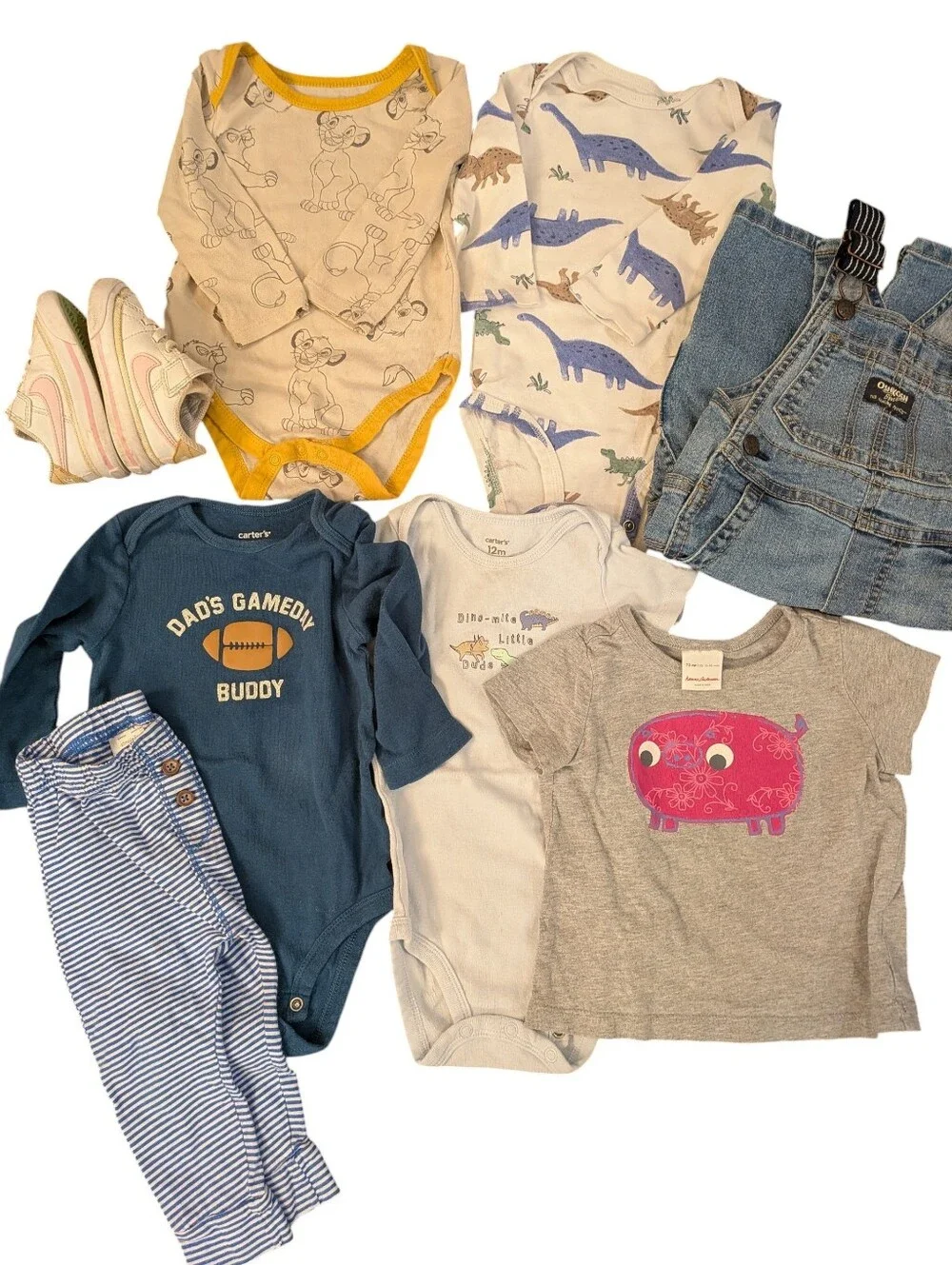 Baby's 12 Months Lot: Nike 4c, Hannah Anderson, Oshkosh, Disney Bodysuit